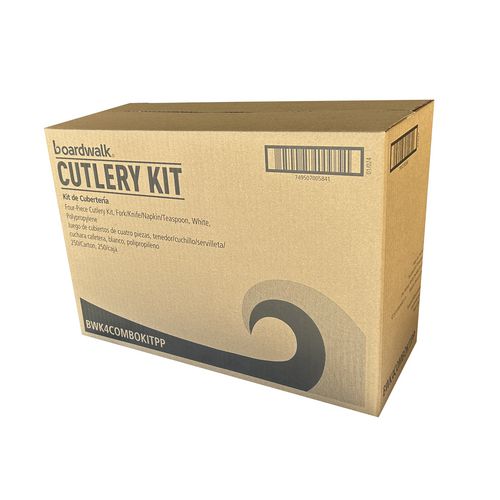 Image of BoardwalkÂ® Four-Piece Polypropylene Cutlery Kit, Mediumweight, Fork/Knife/Napkin/Spoon, Plastic, White, 250/Carton