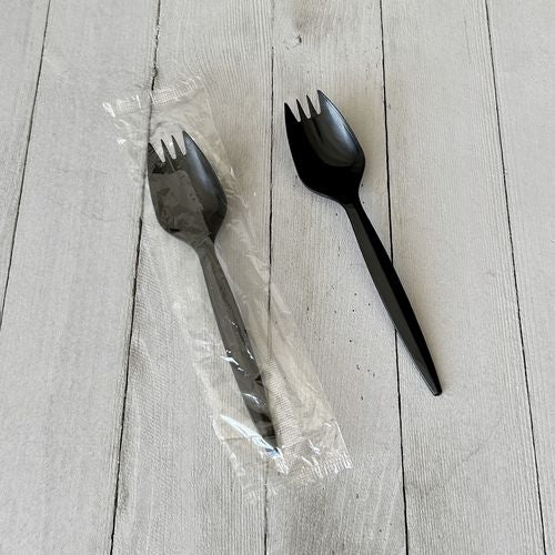 Image of Boardwalk® BWKSPORKBLPPIW Mediumweight Wrapped Polypropylene Cutlery, Spork, Plastic, Black, 1,000/Carton