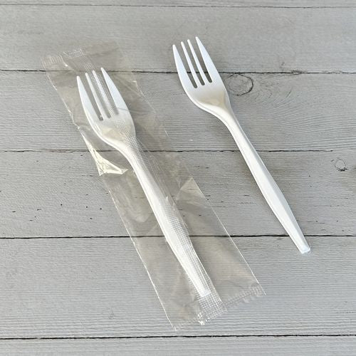 Image of Boardwalk® BWKFORKMWPPIW Mediumweight Wrapped Polypropylene Cutlery, Fork, 5.51", Plastic, White, 1,000/Carton