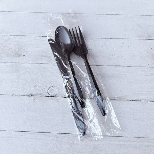 Image of Boardwalk® BWK3KITBLPS Three-Piece Polystyrene Cutlery Kit, Mediumweight, Fork/Knife/Spoon, Plastic, Black, 250/Carton