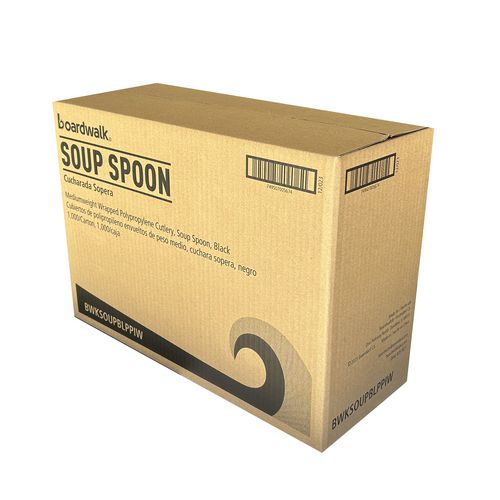 Image of Boardwalk® BWKSOUPBLPPIW Mediumweight Wrapped Polypropylene Cutlery, Soup Spoon, Plastic, Black, 1,000/Carton