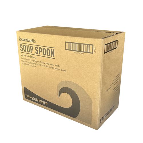 Image of Boardwalk® BWKSOUPMWPP Mediumweight Polypropylene Cutlery, Soup Spoon, 4.86", Plastic, White, 1,000/Carton