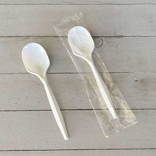 Image of Boardwalk® BWKSOUPMWPPIW Mediumweight Wrapped Polypropylene Cutlery, Soup Spoon, 4.86", Plastic, White, 1,000/Carton