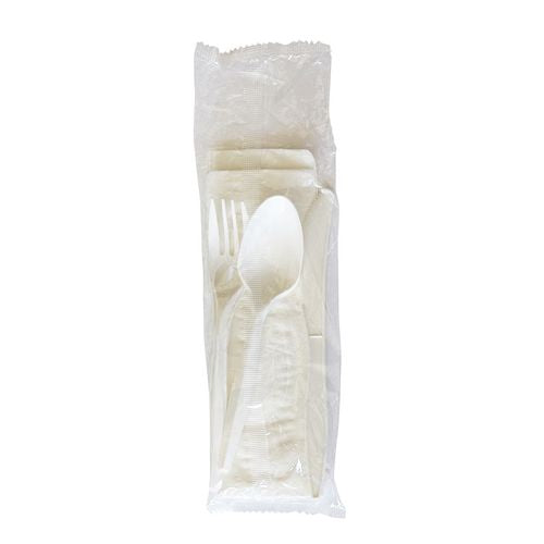 Image of BoardwalkÂ® Four-Piece Polypropylene Cutlery Kit, Mediumweight, Fork/Knife/Napkin/Spoon, Plastic, White, 250/Carton