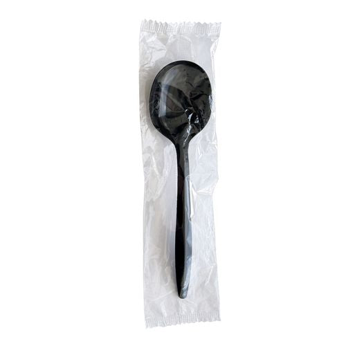 Image of Boardwalk® BWKSOUPBLPPIW Mediumweight Wrapped Polypropylene Cutlery, Soup Spoon, Plastic, Black, 1,000/Carton