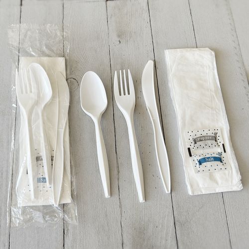 Image of BoardwalkÂ® Six-Piece Cutlery Kit, Mediumweight, Fork/Knife/Napkin/Pepper/Salt/Spoon, 5.86", Plastic, White, 250/Carton