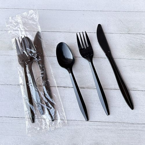 Image of Boardwalk® BWK3KITBLPP Three-Piece Polypropylene Cutlery Kit, Mediumweight, Fork/Knife/Spoon, Plastic, Black, 250/Carton
