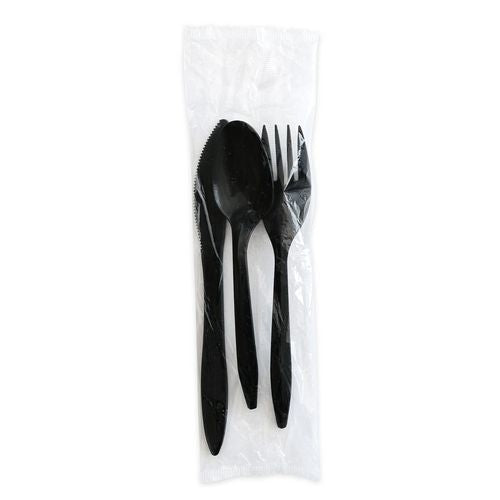 Image of Boardwalk® BWK3KITBLPS Three-Piece Polystyrene Cutlery Kit, Mediumweight, Fork/Knife/Spoon, Plastic, Black, 250/Carton