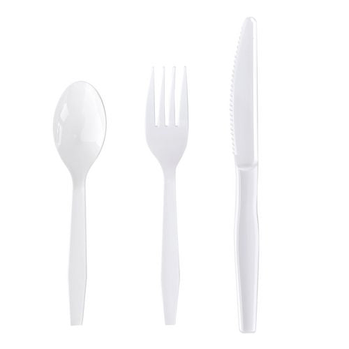 Image of Boardwalk® BWK3KITHVYWH Three-Piece Polystyrene Cutlery Kit, Heavyweight, Fork/Knife/Spoon, Plastic, White, 250/Carton