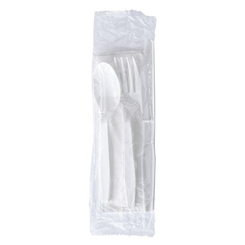 Image of BoardwalkÂ® Four-Piece Polystyrene Cutlery Kit, Mediumweight, Fork/Knife/Napkin/Spoon, Plastic, White, 250/Carton