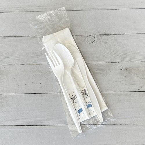 Image of BoardwalkÂ® Six-Piece Cutlery Kit, Mediumweight, Fork/Knife/Napkin/Pepper/Salt/Spoon, 5.86", Plastic, White, 250/Carton