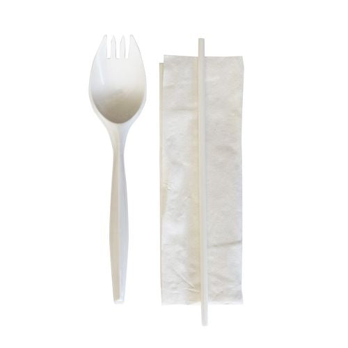Image of Boardwalk® BWKSCHOOLKITPP School Cutlery Kit, Mediumweight, Napkin/Spork/Straw, 5.31", Plastic, White, 1,000/Carton