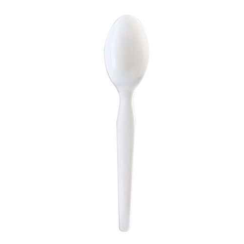 Image of Boardwalk® BWKSOUPWHPS Heavyweight Wrapped Polystyrene Cutlery, Soup Spoon, Plastic, White, 1,000/Carton
