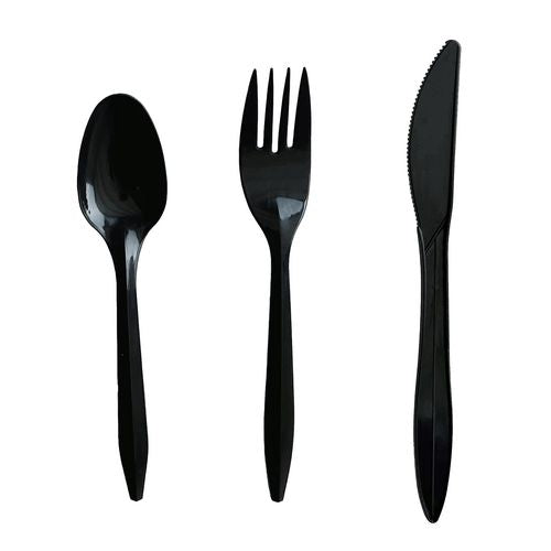 Image of Boardwalk® BWK3KITBLPS Three-Piece Polystyrene Cutlery Kit, Mediumweight, Fork/Knife/Spoon, Plastic, Black, 250/Carton