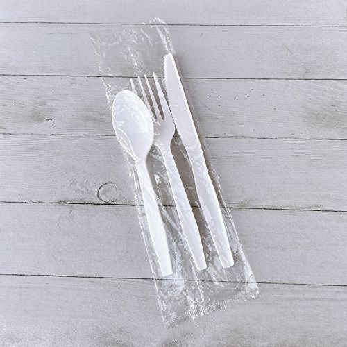 Image of Boardwalk® BWK3KITHVYWH Three-Piece Polystyrene Cutlery Kit, Heavyweight, Fork/Knife/Spoon, Plastic, White, 250/Carton