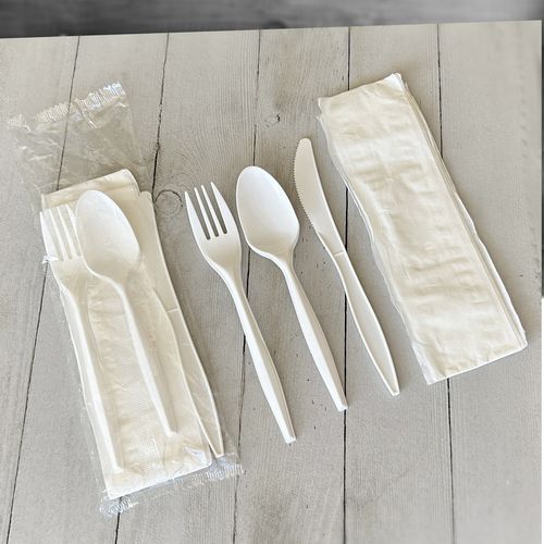 Image of BoardwalkÂ® Four-Piece Polypropylene Cutlery Kit, Mediumweight, Fork/Knife/Napkin/Spoon, Plastic, White, 250/Carton