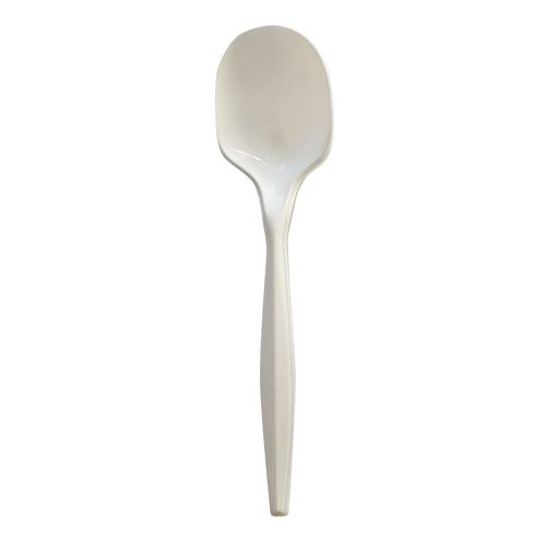 Image of Boardwalk® BWKSOUPMWPPIW Mediumweight Wrapped Polypropylene Cutlery, Soup Spoon, 4.86", Plastic, White, 1,000/Carton