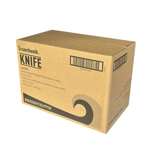 Image of Boardwalk® BWKKNIFEBLPPIW Mediumweight Wrapped Polypropylene Cutlery, Knife, Plastic, Black, 1,000/Carton