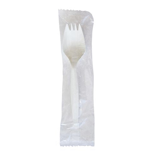 Image of Boardwalk® BWKSPORKWHPPIW Mediumweight Wrapped Polypropylene Cutlery, Spork, Plastic, White, 1000/Carton