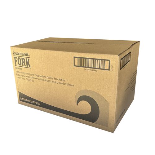 Image of Boardwalk® BWKFORKMWPPIW Mediumweight Wrapped Polypropylene Cutlery, Fork, 5.51", Plastic, White, 1,000/Carton