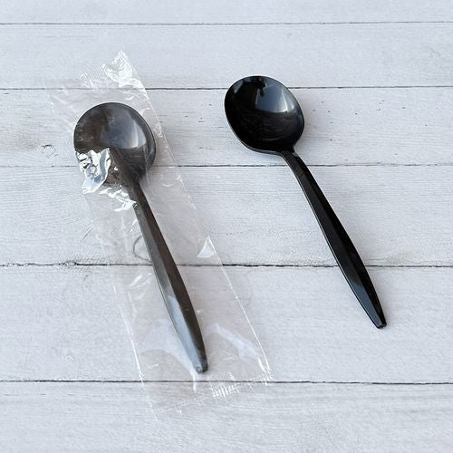 Image of Boardwalk® BWKSOUPBLPPIW Mediumweight Wrapped Polypropylene Cutlery, Soup Spoon, Plastic, Black, 1,000/Carton
