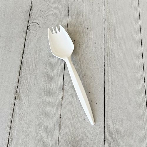 Image of Boardwalk® BWKSPORKWHPP Mediumweight Polypropylene Cutlery, Spork, Plastic, White, 1000/Carton