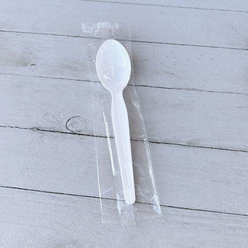 Image of Boardwalk® BWKSOUPWHPS Heavyweight Wrapped Polystyrene Cutlery, Soup Spoon, Plastic, White, 1,000/Carton