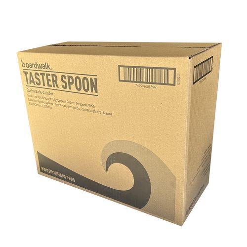 Image of Boardwalk® BWKSOUPMWPPIW Mediumweight Wrapped Polypropylene Cutlery, Soup Spoon, 4.86", Plastic, White, 1,000/Carton