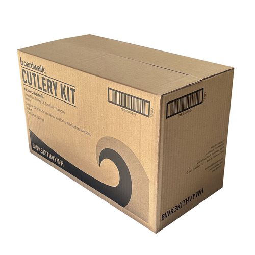 Image of BoardwalkÂ® Three-Piece Polystyrene Cutlery Kit, Heavyweight, Fork/Knife/Spoon, Plastic, Black, 250/Carton