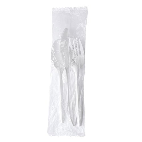 Image of Boardwalk® BWK3KITWHPS Three-Piece Polystyrene Cutlery Kit, Mediumweight, Fork/Knife/Spoon, Plastic, White, 250/Carton