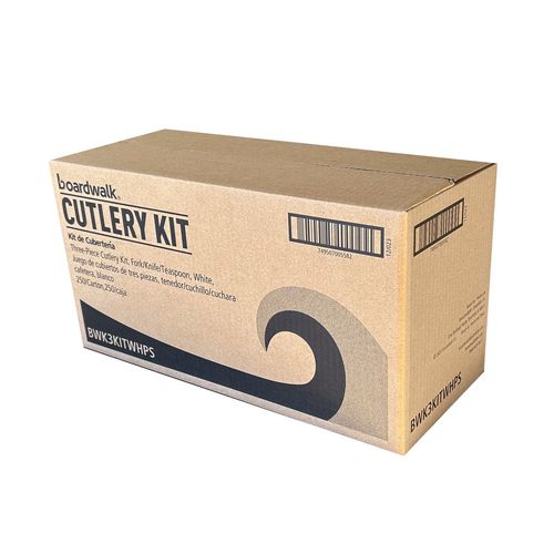 Image of Boardwalk® BWK3KITWHPS Three-Piece Polystyrene Cutlery Kit, Mediumweight, Fork/Knife/Spoon, Plastic, White, 250/Carton