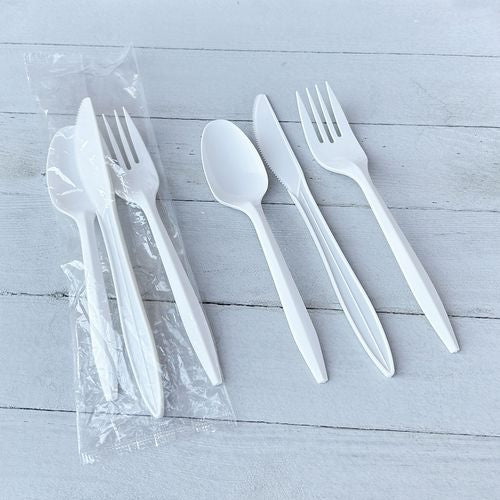 Image of Boardwalk® BWK3KITWHPS Three-Piece Polystyrene Cutlery Kit, Mediumweight, Fork/Knife/Spoon, Plastic, White, 250/Carton