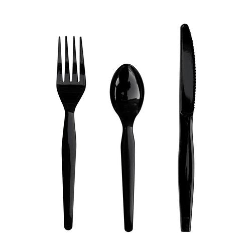 Image of BoardwalkÂ® Three-Piece Polystyrene Cutlery Kit, Heavyweight, Fork/Knife/Spoon, Plastic, Black, 250/Carton