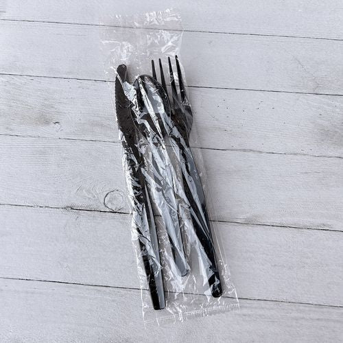 Image of BoardwalkÂ® Three-Piece Polystyrene Cutlery Kit, Heavyweight, Fork/Knife/Spoon, Plastic, Black, 250/Carton
