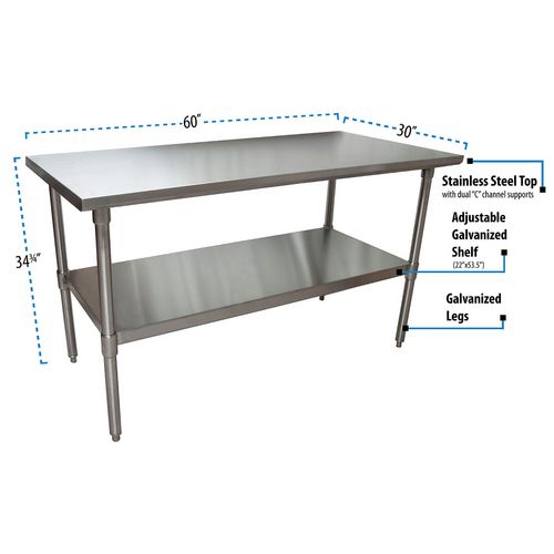 Image of BK Resources 2VT-6030 Stainless Steel Flat Top Work Tables, 60w x 30d x 36h, Silver, 2/Pallet