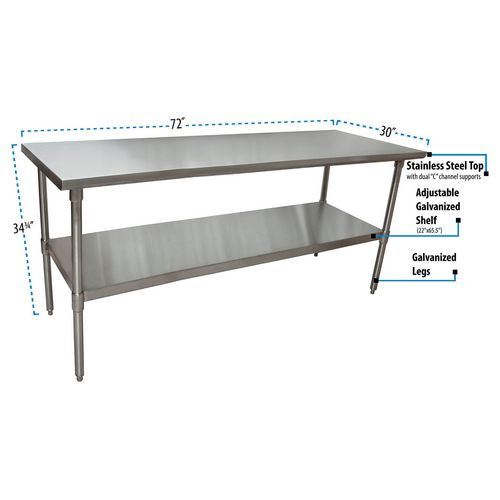 Image of BK Resources 2VT-7230 Stainless Steel Flat Top Work Tables, 72w x 30d x 36h, Silver, 2/Pallet