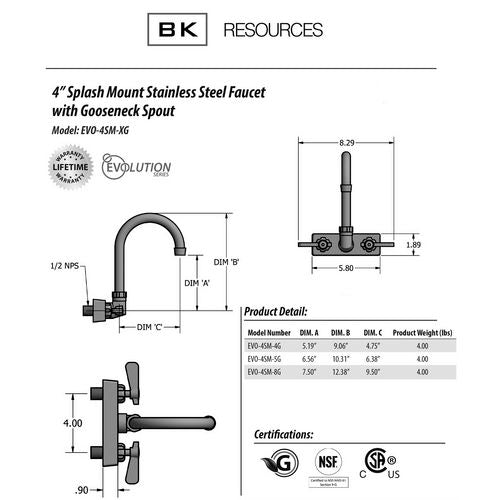 Image of BK Resources EVO-4SM-4G Evolution Splash Mount Stainless Steel Faucet, 9.06" Height/4.5" Reach, Stainless Steel