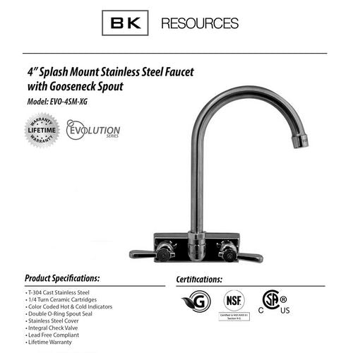 Image of BK Resources EVO-4SM-8G Evolution Splash Mount Stainless Steel Faucet, 12.38" Height/8" Reach, Stainless Steel