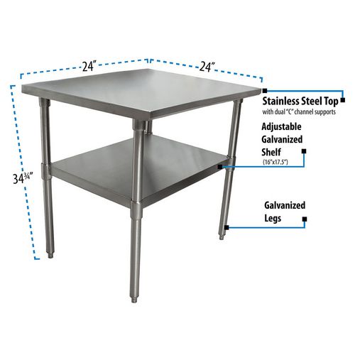 Image of BK Resources 2VT-2424 Stainless Steel Flat Top Work Tables, 24w x 24d x 36h, Silver, 2/Pallet