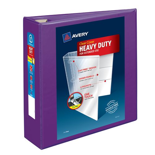 Image of Avery® 79810 Heavy-Duty View Binder with DuraHinge and One Touch EZD Rings, 3 Rings, 3" Capacity, 11 x 8.5, Purple, 4/Carton
