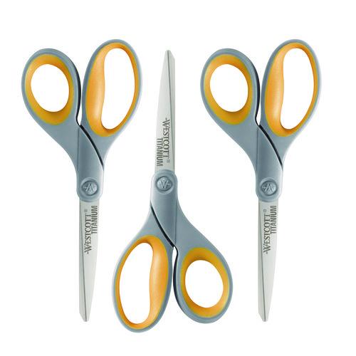 Image of Westcott® 17532 Titanium Bonded Scissors, 8" Long, 3.5" Cut Length, Straight Gray/Yellow Handle, 3/Pack