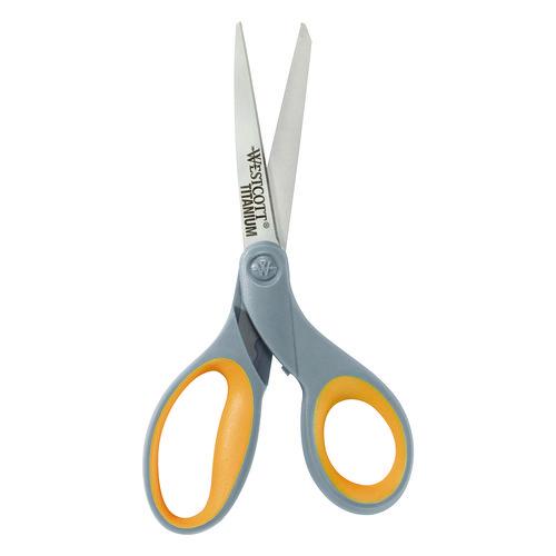 Image of Westcott® 17532 Titanium Bonded Scissors, 8" Long, 3.5" Cut Length, Straight Gray/Yellow Handle, 3/Pack