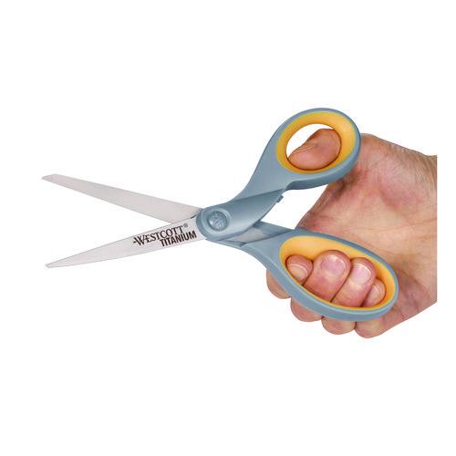 Image of Westcott® 17532 Titanium Bonded Scissors, 8" Long, 3.5" Cut Length, Straight Gray/Yellow Handle, 3/Pack