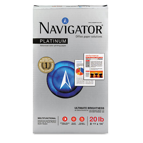 Image of Navigator® NPL1420 Platinum Paper, 99 Bright, 20 lb Bond Weight, 8.5 x 14, White, 500 Sheets/Ream, 10 Reams/Carton