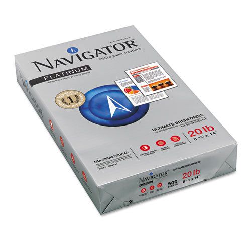 Image of Navigator® NPL1420 Platinum Paper, 99 Bright, 20 lb Bond Weight, 8.5 x 14, White, 500 Sheets/Ream, 10 Reams/Carton