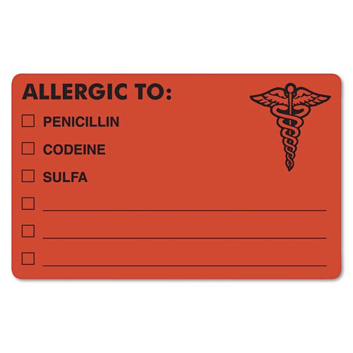 Image of Tabbies® TAB00488 Allergy Warning Labels, Allergic To: Penicilln, Codeine, Sulfa, 2.5 X 4, Fluorescent Red, 100/roll